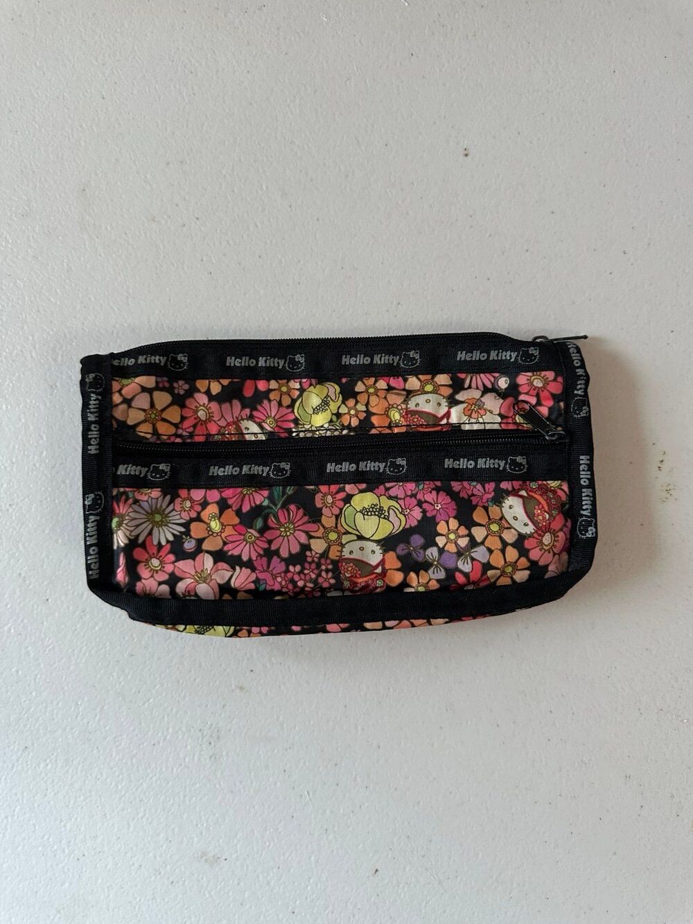 Sanrio Hello Kitty Japan Rare Floral Dual Zip Durable Nylon Cosmetic Pouch